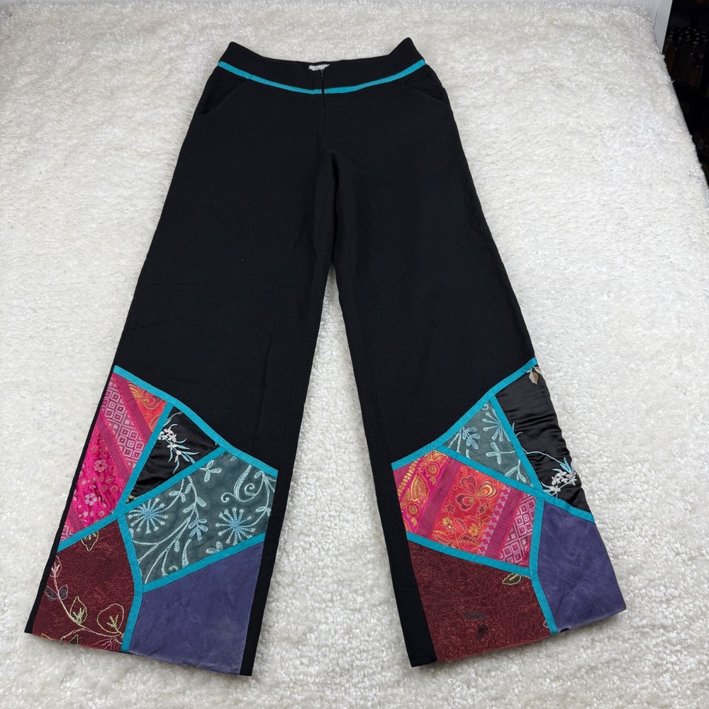 W.S.F.M. Patchwork Wide Leg Pants Women S Black Linen Blend Floral Boho